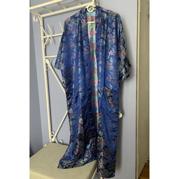 Vintage Blue Kimono Robe China Large Comfy Luxury Old Money No Belt - Picture 3 of 9